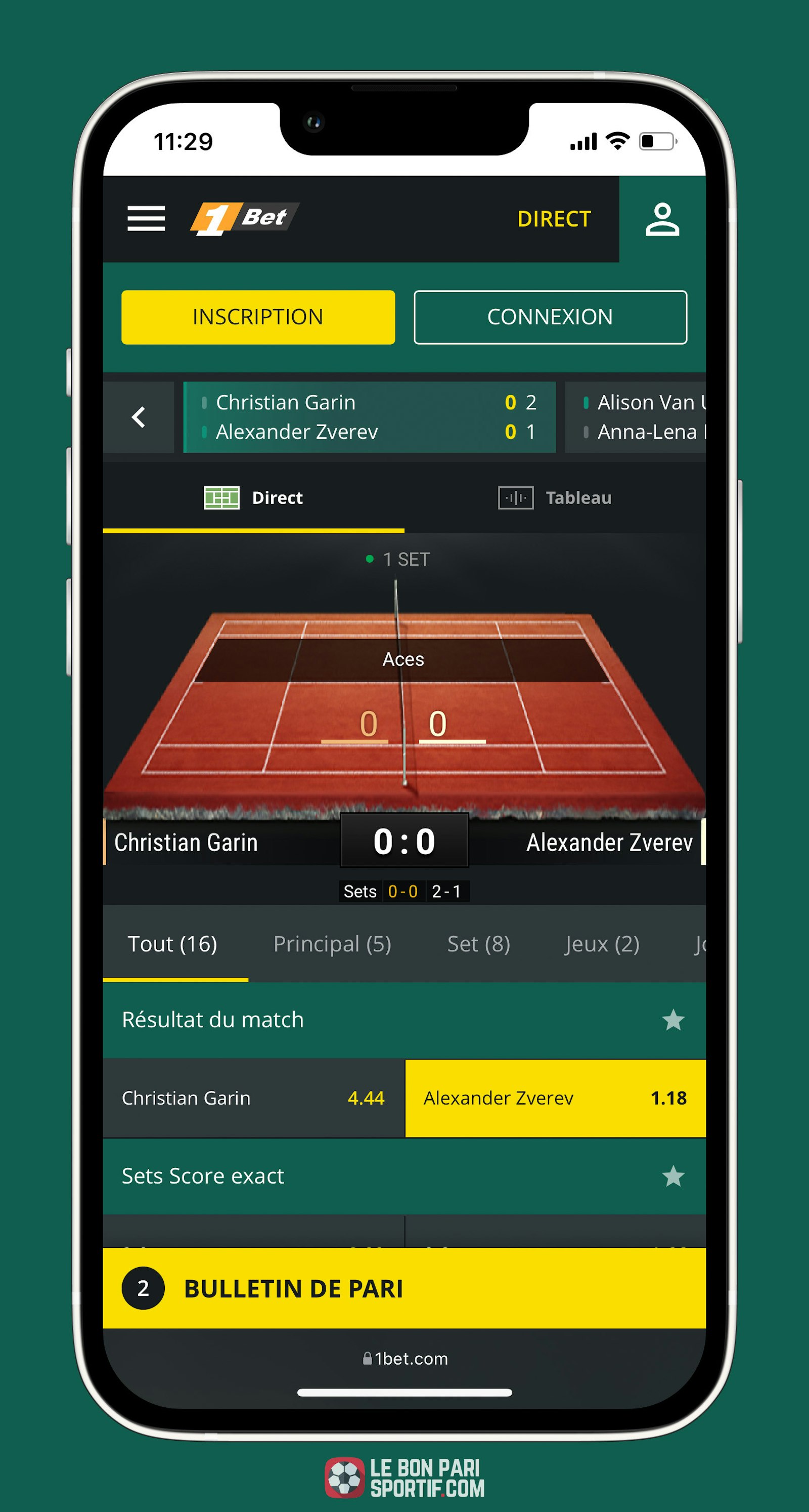 1Bet mobile schéma en direct