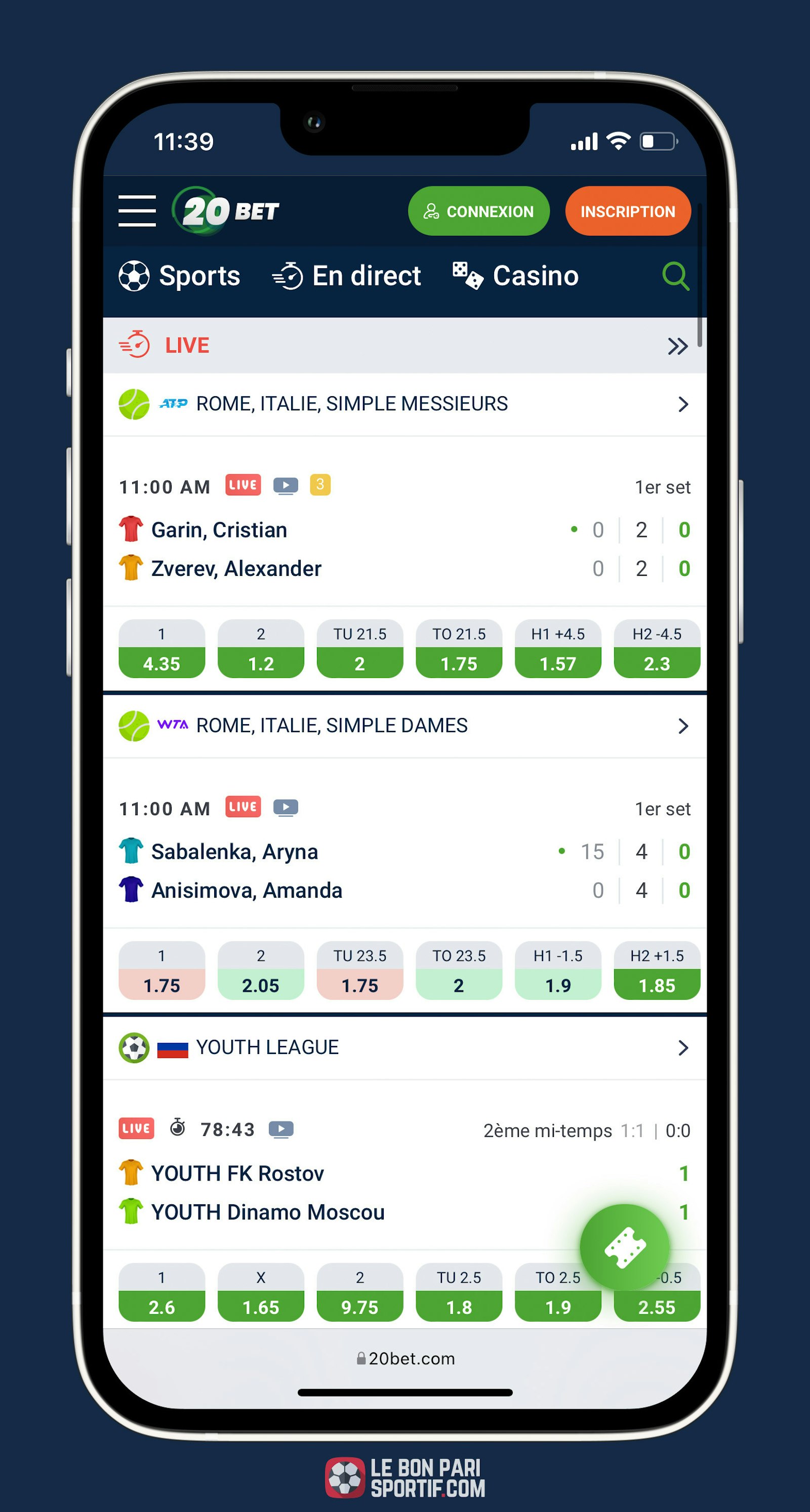 Appli 20Bet interface pour vos paris en direct