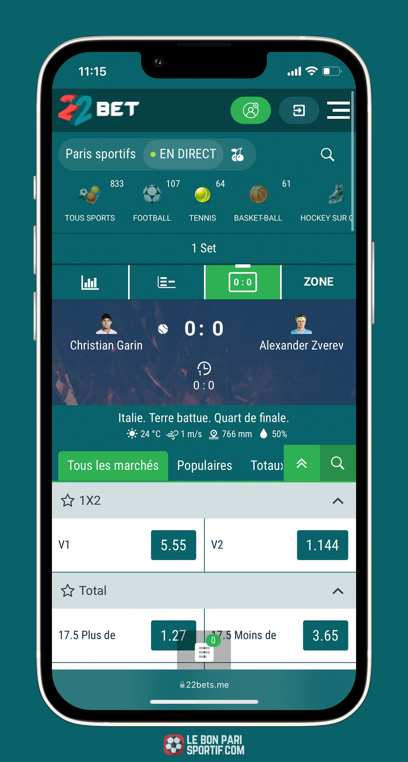 22Bet propose des paris en direct sur son appli
