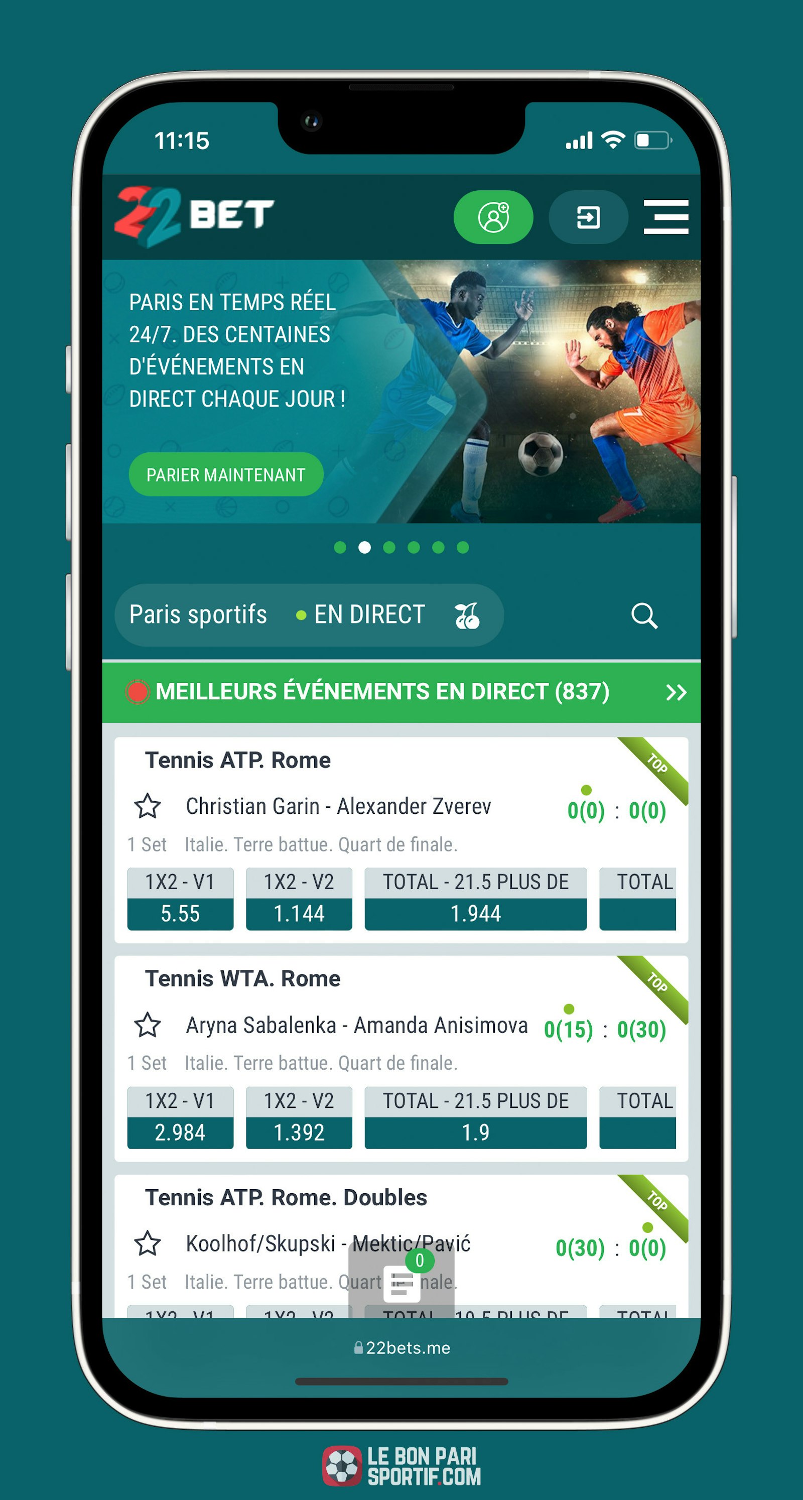 22Bet, interface de l'application