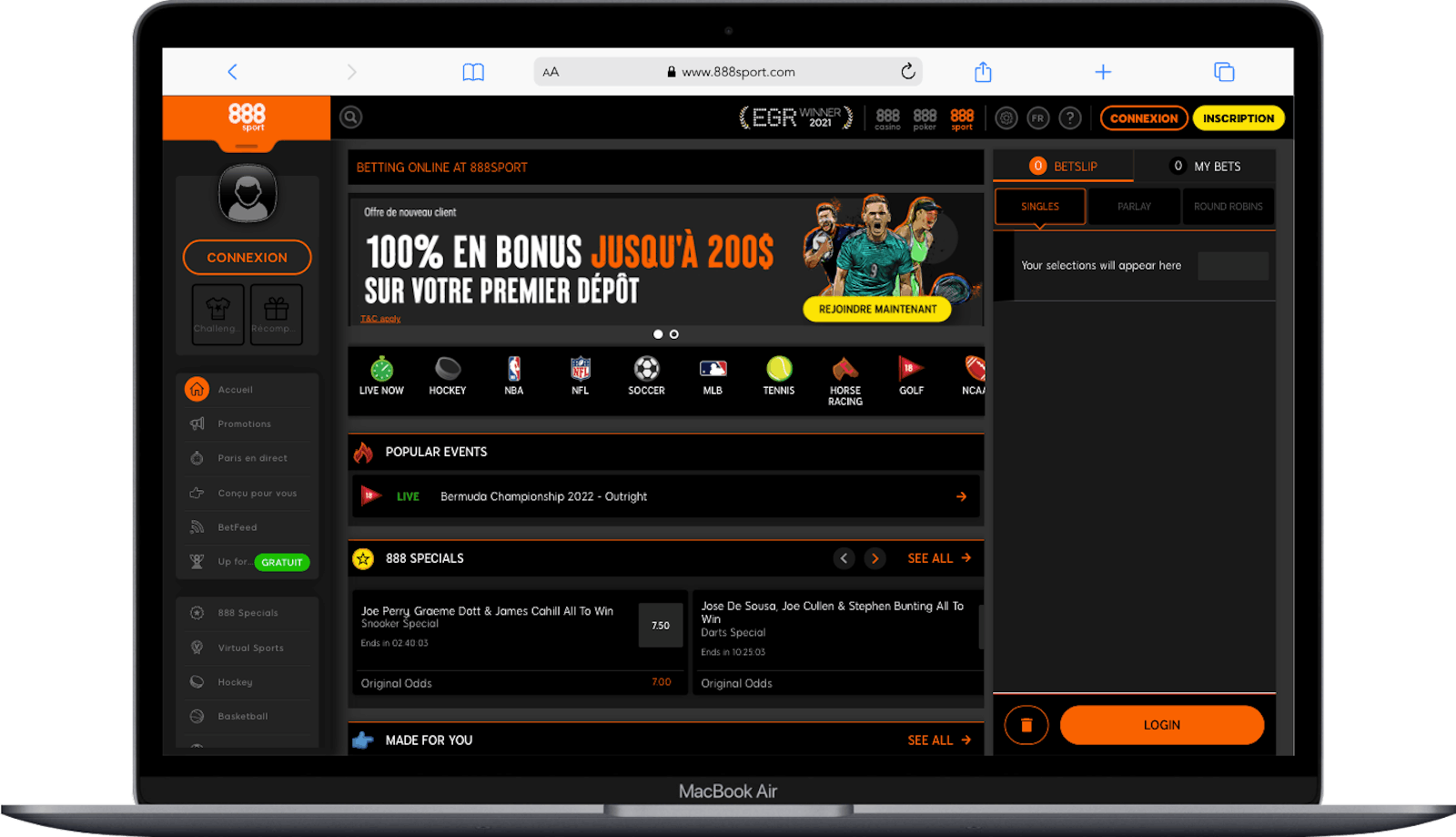 Page d'accueil du site 888sport