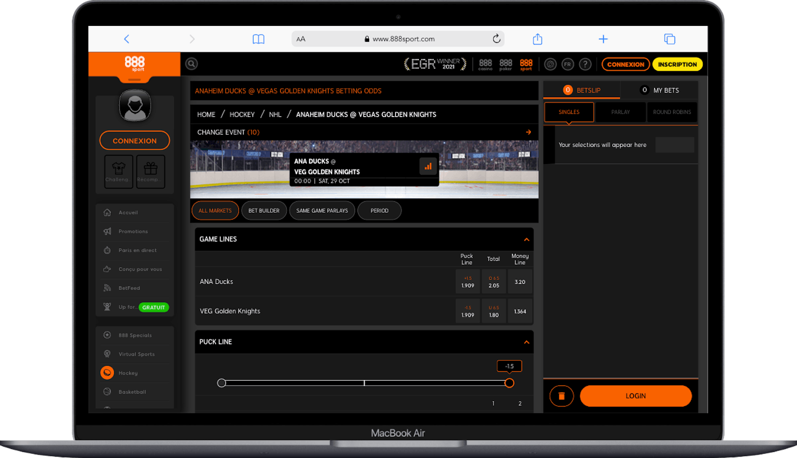 Page d'un match de hockey sur 888sport