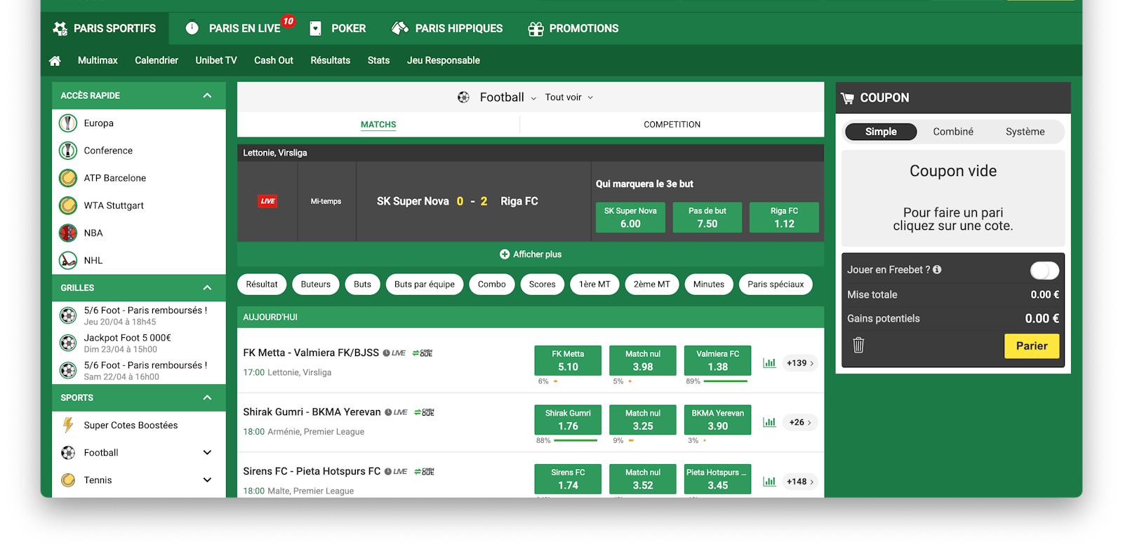 Site des paris Unibet sur PC, capture d'écran du site et de ses paris foot