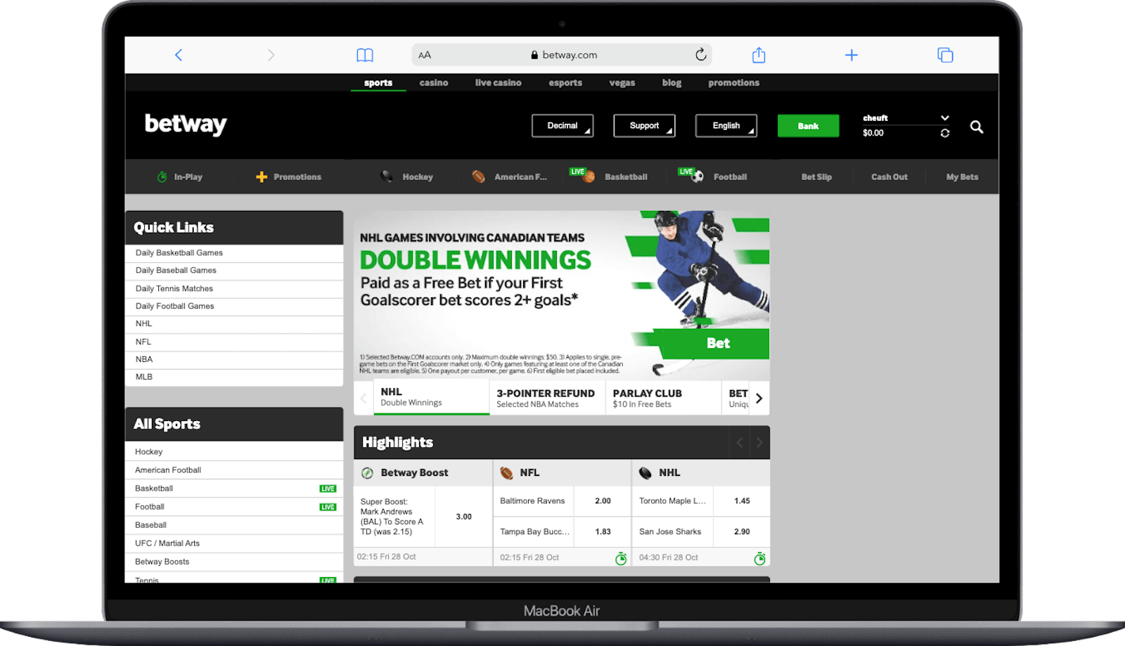 Page d'accueil du site Betway