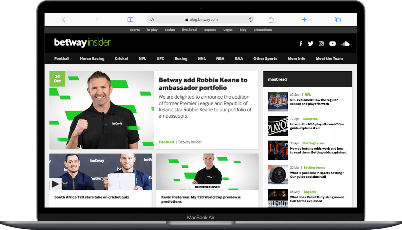 Page de blog du site Betway