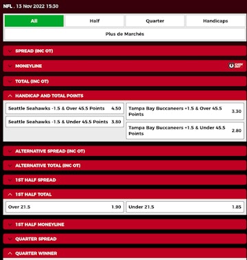 Capture écran d'une page de paris NFL sur PowerPlay