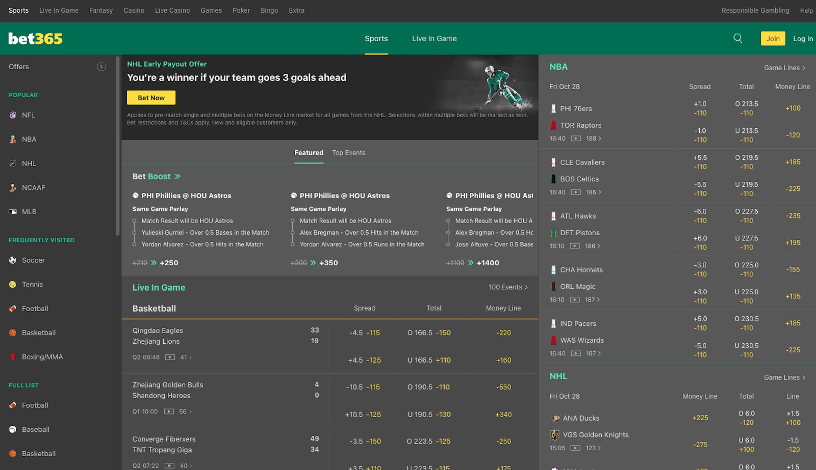 Page d'accueil de Bet365