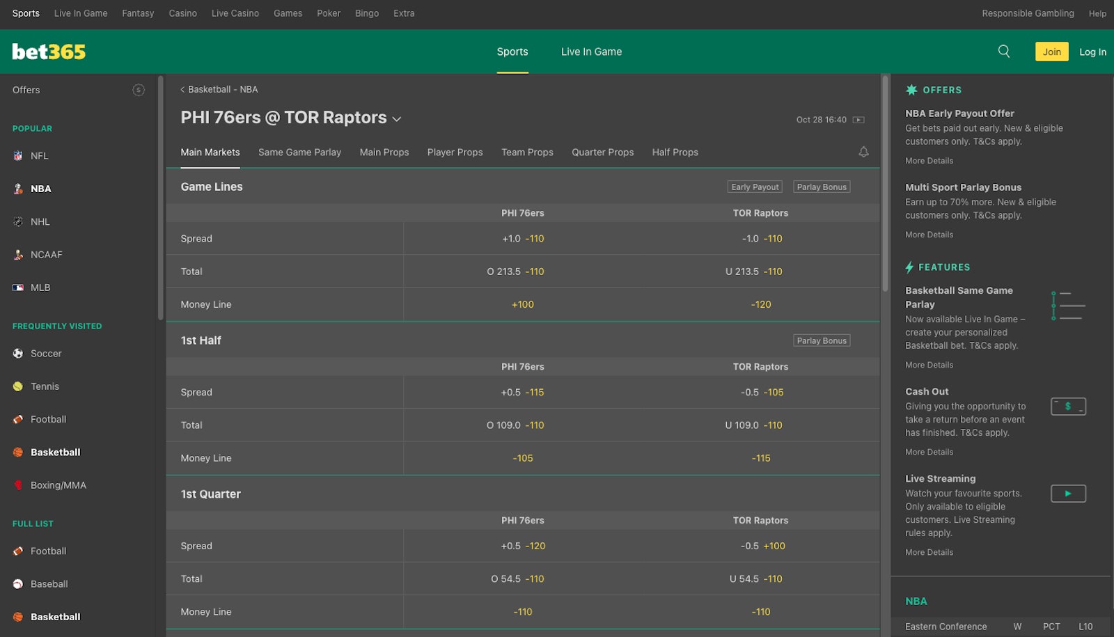 Page d'un match NBA sur Bet365