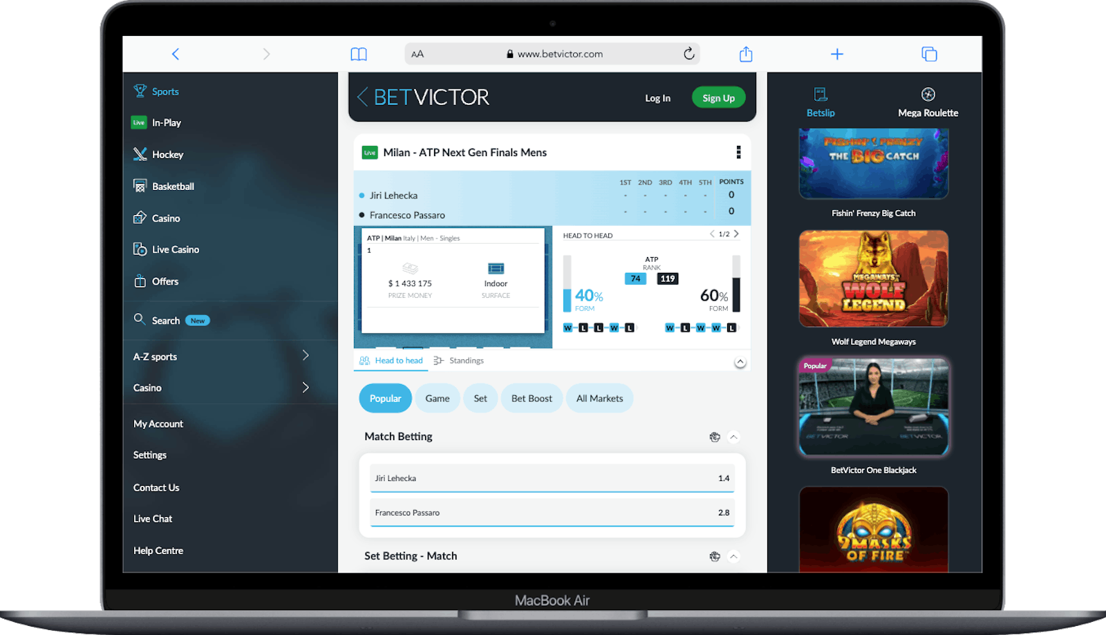 Page de direct du site BetVictor