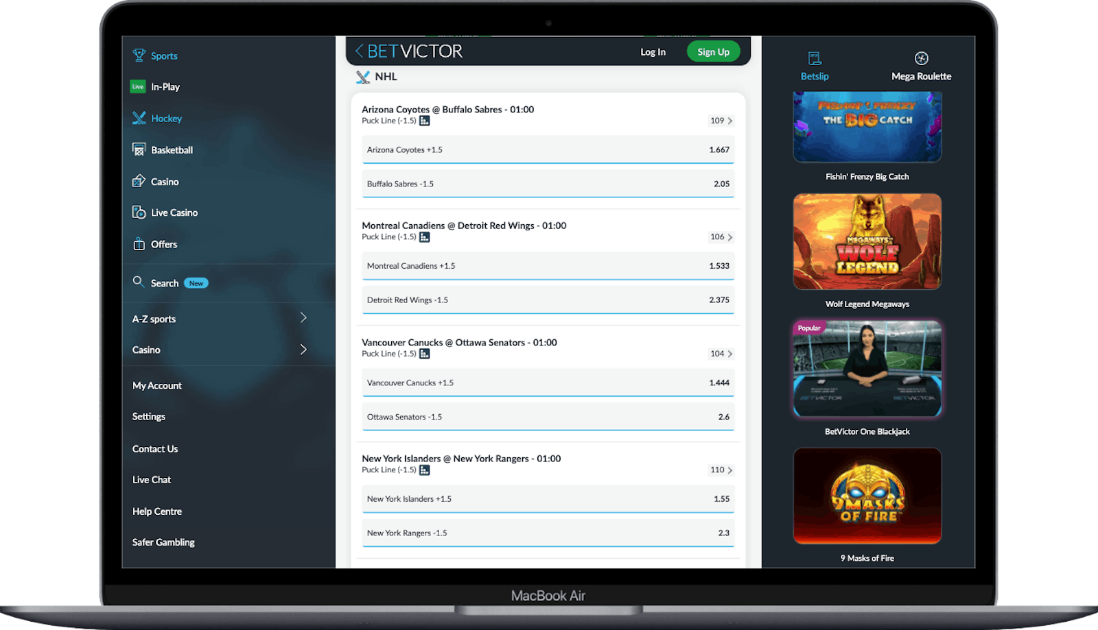 Page de la LNH du site BetVictor