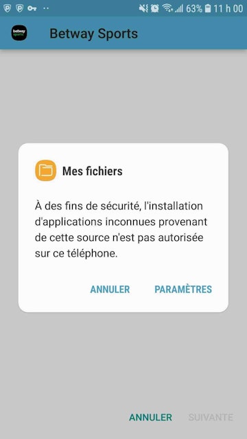 Capture écran de la page de notification de l'APK Betway Android en affichage mobile