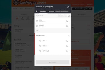 Capture écran du menu de recherche des sports sur le site de LeoVegas Sport