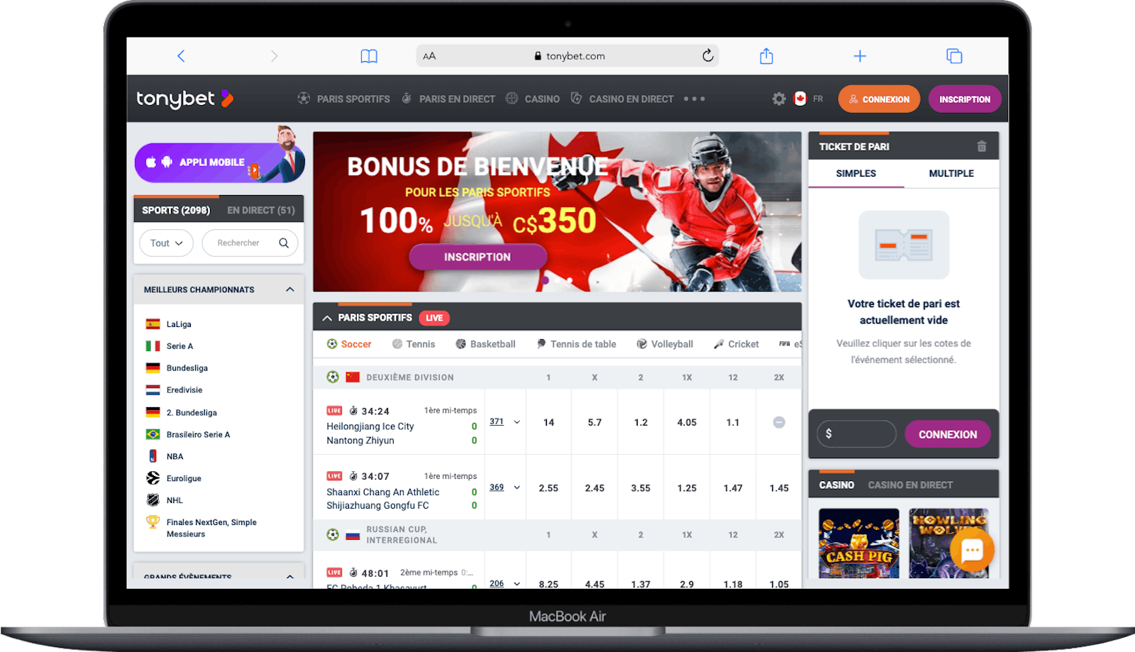 Page d'accueil de TonyBet