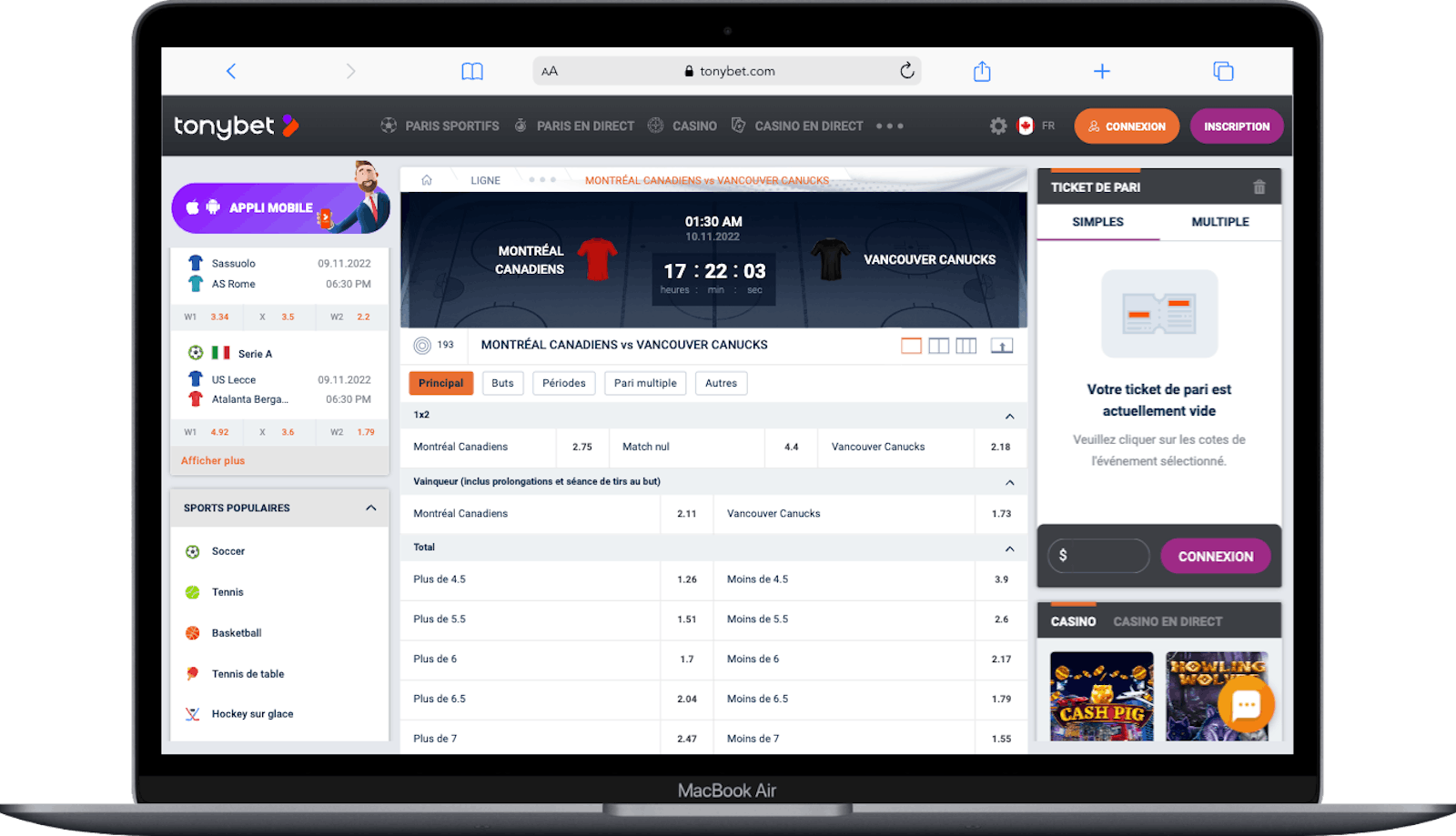 Page d'un match LNH sur TonyBet
