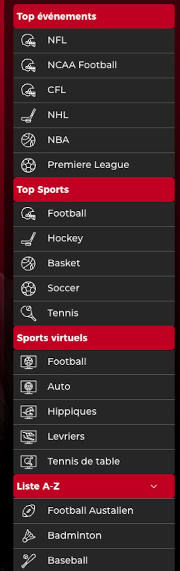 Capture écran du menu latéral sur le site PowerPlay
