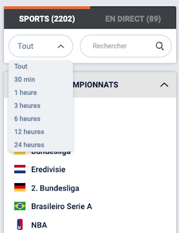 Capture écran du menu de tri horaire sur TonyBet