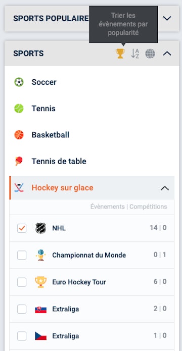 Capture écran du menu de tri des sports sur TonyBet